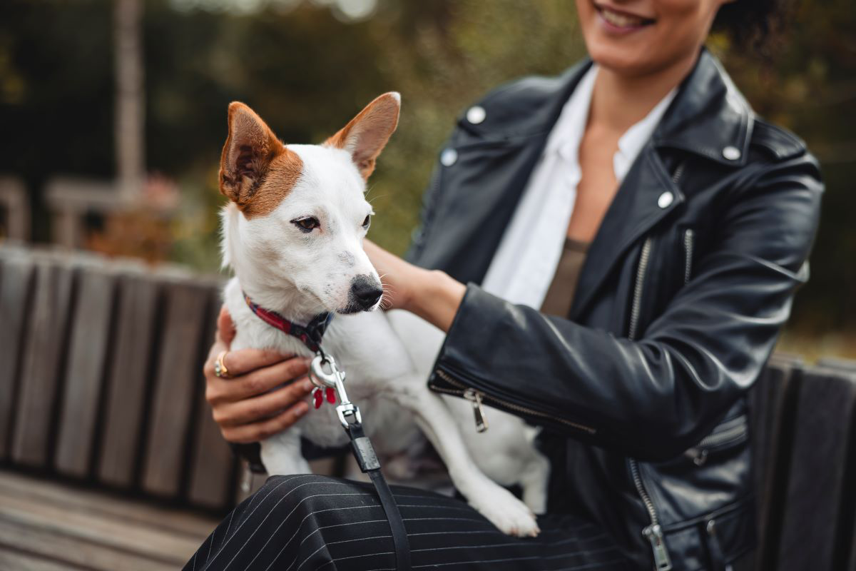 Mujer en chaqueta de cuero sosteniendo a un perro pequeño en un banco.